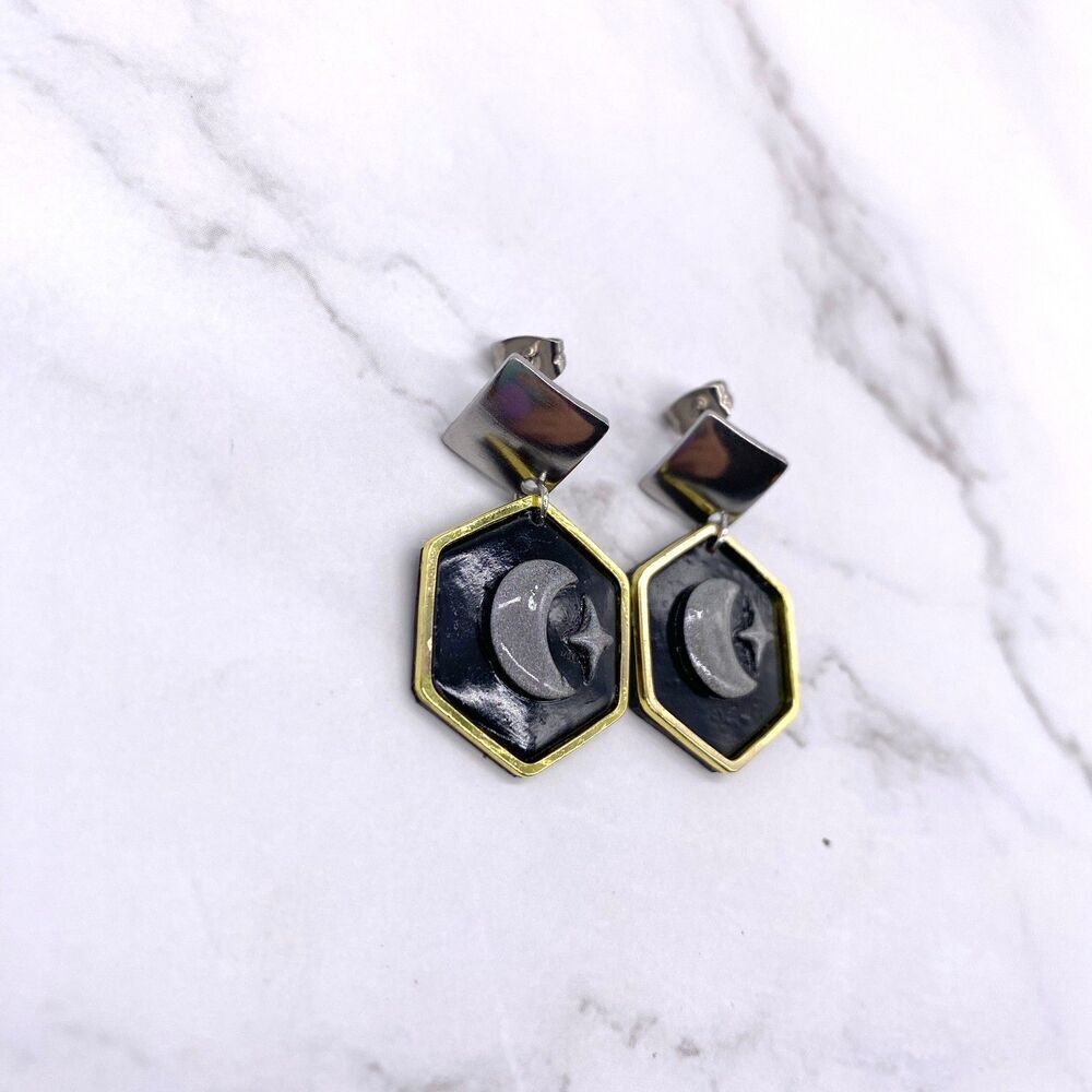 Black Holographic Celestial Crescent Moon Dangle Stud Earrings - Picture 8 of 15